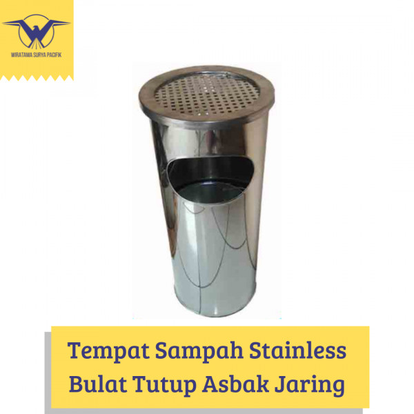 TEMPAT SAMPAH STAINLESS STANDING ASHTRAY BULAT TUTUP ASBAK JARING